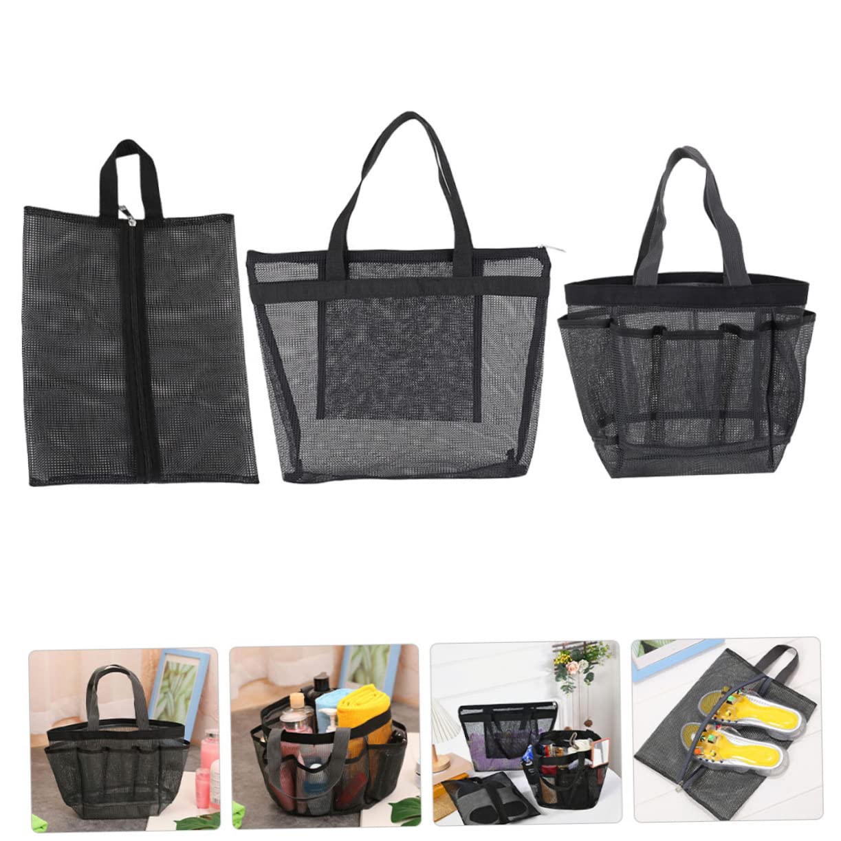 3 Piezas Bolsa de Playa de Malla Portátil para Organizador Cosmético Ligero y Práctico para Vacaciones y