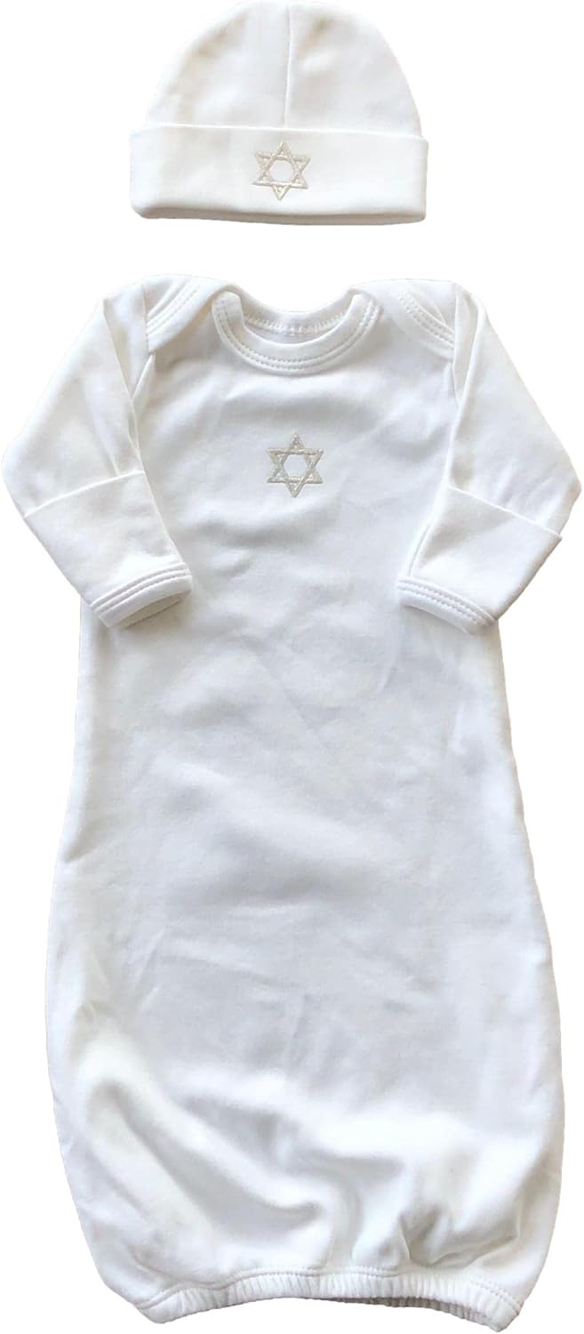 Brit Milah Baby Gown with side zipper (white with silver Magen David) and coordinating hat - newborn