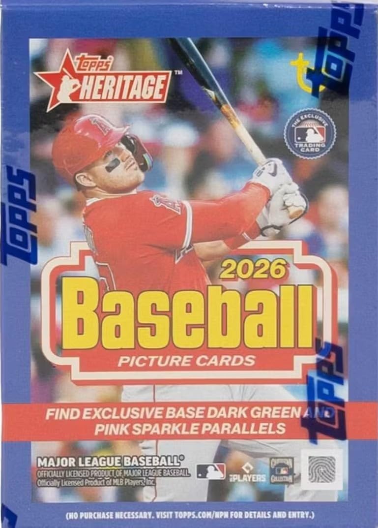 2026 Topps Heritage Baseball Series 64 Card Value Box Featuring Blaster Exclusive Dark Green and Pink Sparkle Parallel Cards Plus a Chance for Relics and Autographs