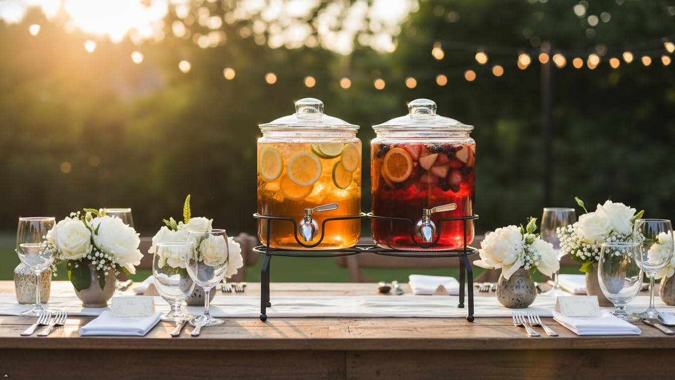 Dispensador de bebidas de doble vidrio con soporte, dispensador grande de bebidas, jugo y agua de 1 galón para fiestas con boquilla, grifo de acero inoxidable y hermético
