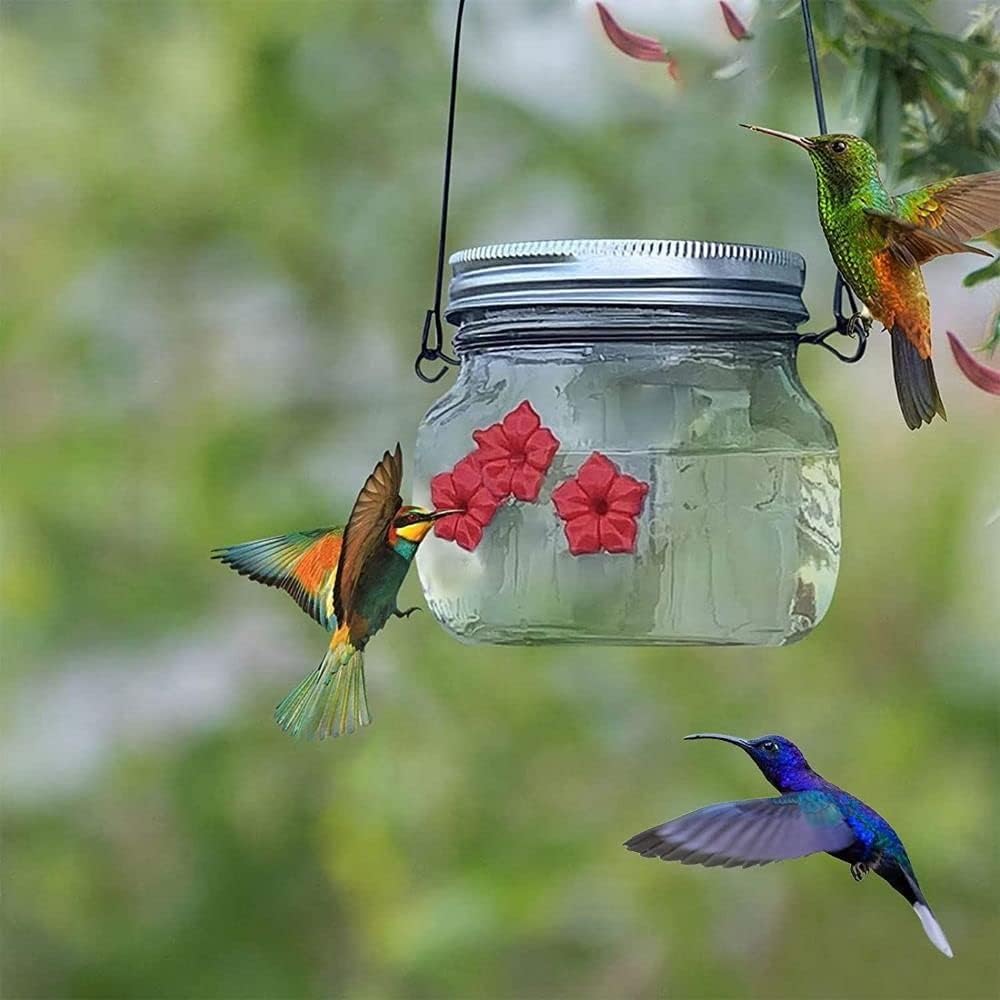 2023 New Clear Mason Jar Hummingbird Feeder with 3 Ports,Birds Feeding Jar Hanging