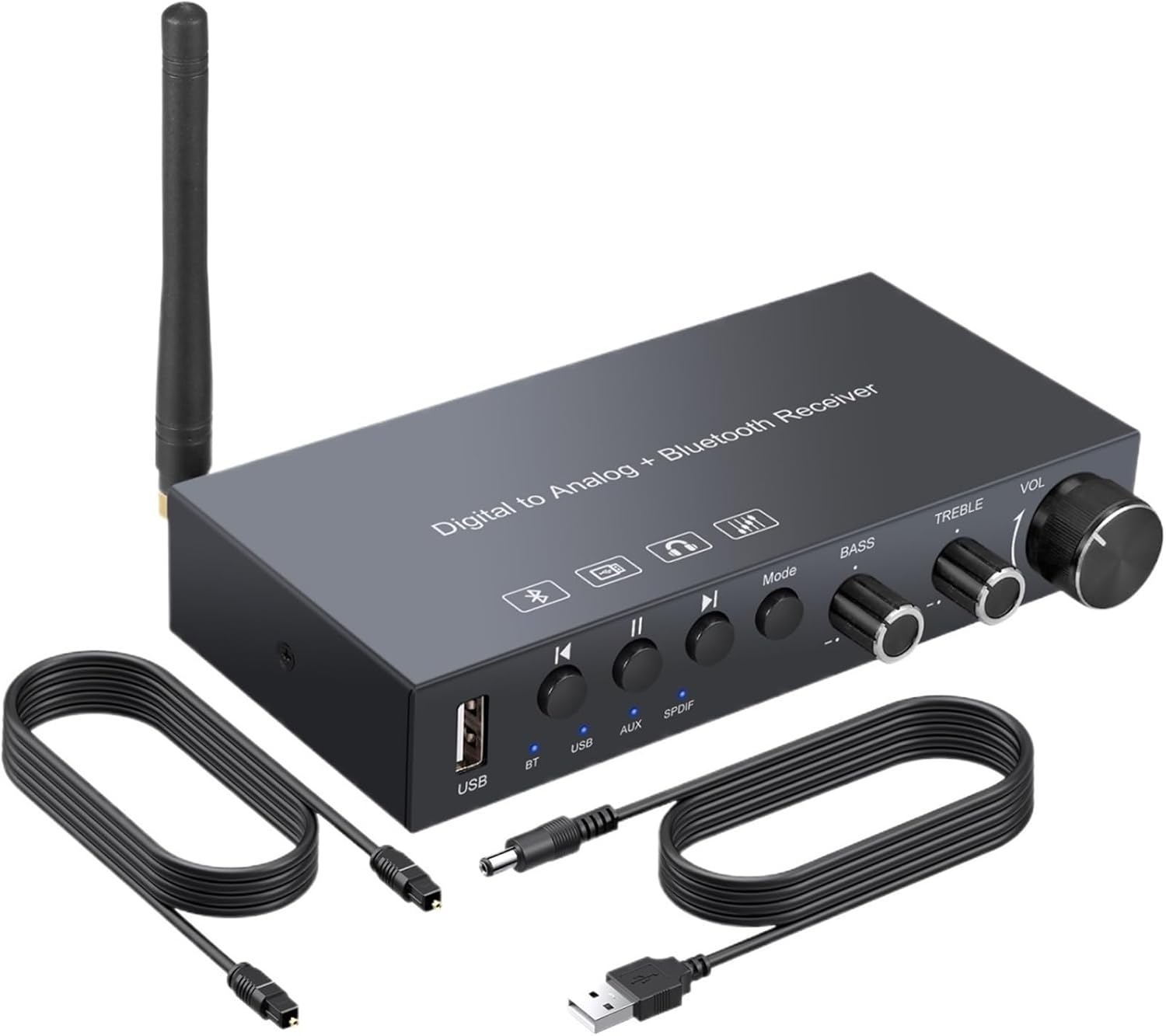 Compatible Digital to Analog DAC Converter Toslink AUX to 3.5mm Jack with USB Volume Treble Bass Control