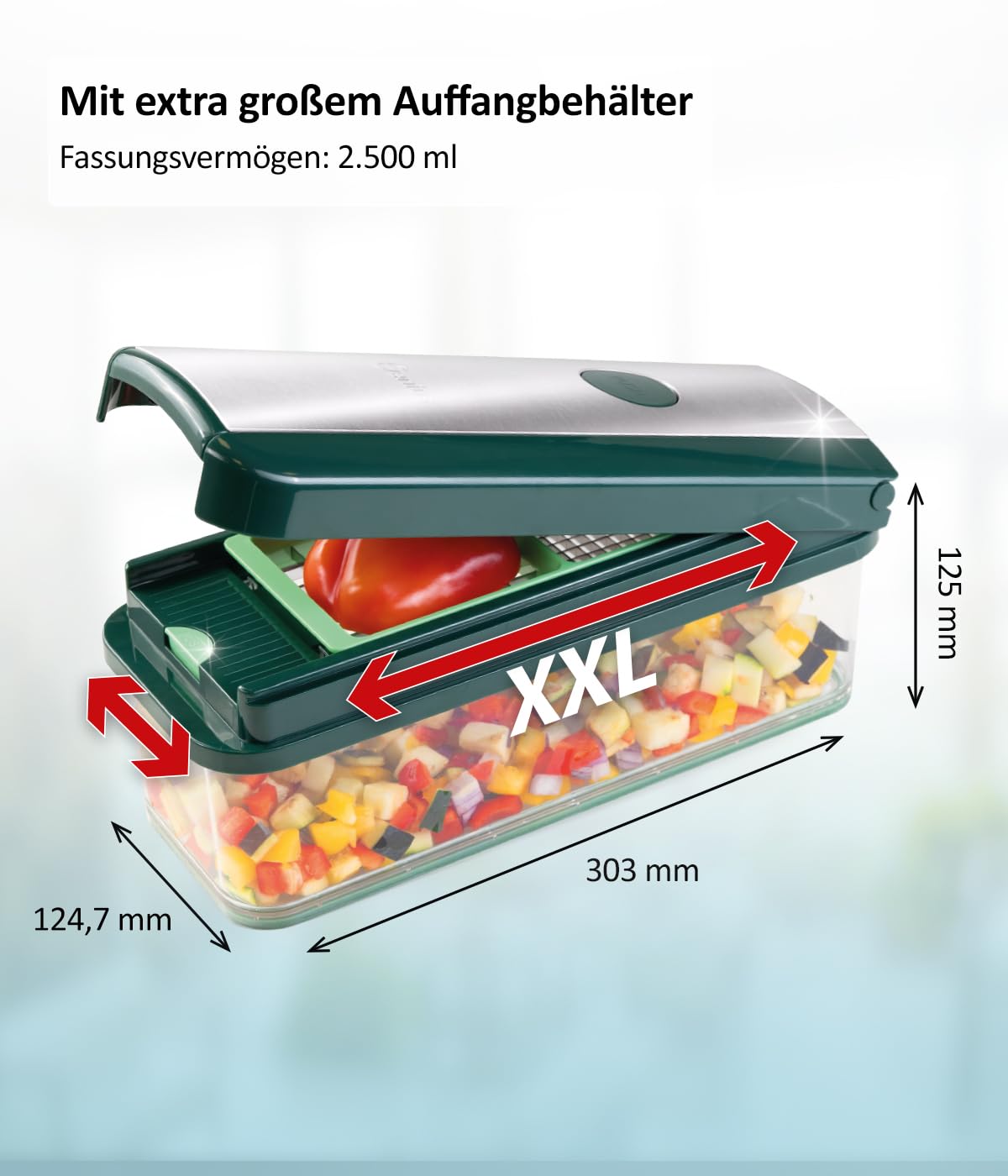 Genius Nicer Dicer Exclusive krajalnica do warzyw, 15-częściowa, krajalnica do pomidorów, zestaw 4 wkładów, tarka gruba i szatkownica + pojemnik na ścinki 2500 ml, zielona