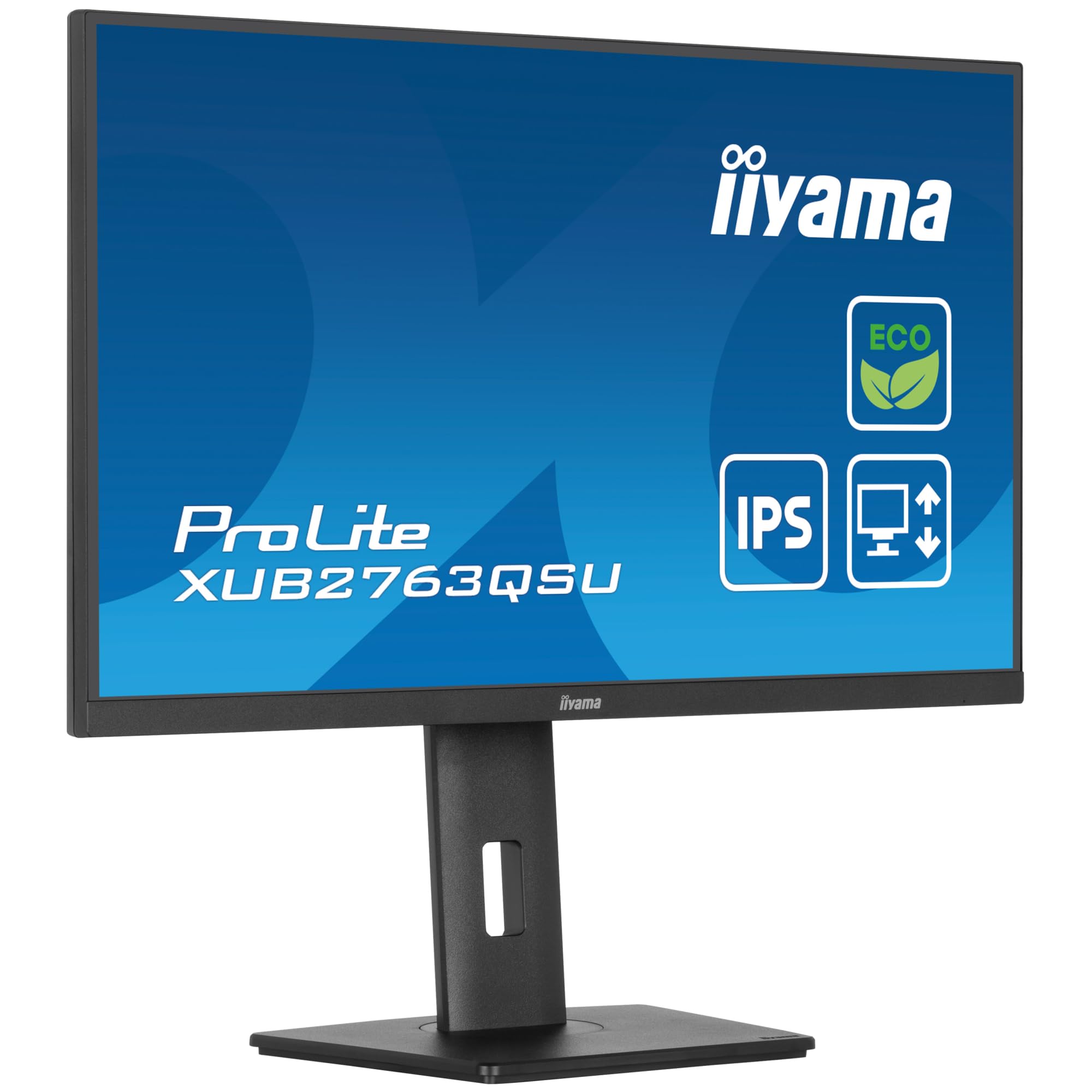Ecran iiyama Prolite XUB2763QSU-B1 Slim,IPS, 2560x1440@100Hz, 2ms, 350cd, DP/HDMI/USB HUB (2x3.2), Haut-parleurs, FreeSync, i-Style, réglable en Hauteur + Pivot, TCO, Green Product
