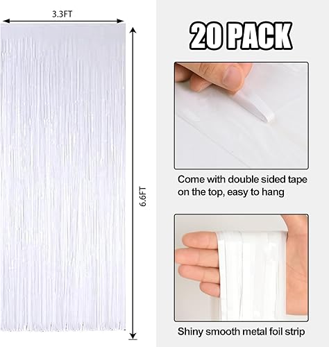 Miniatura 2 de Paquete de 2 cortinas de flecos de papel de oropel metálico blanco para fiestas, telón de fondo de fotos, serpentinas para cumpleaños, graduación,