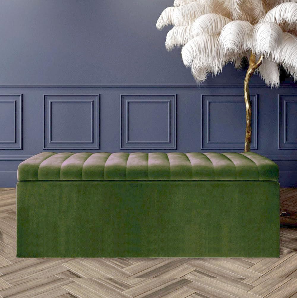 Safar Large Ottoman Storage Box, Velvet Upholstered Blanket Box with Hinged Lid, End of Bed Storage Bench, Bedroom Ottoman Storage Bench, Storage Ottoman Seat for Living Room, Hallway & Bedroom