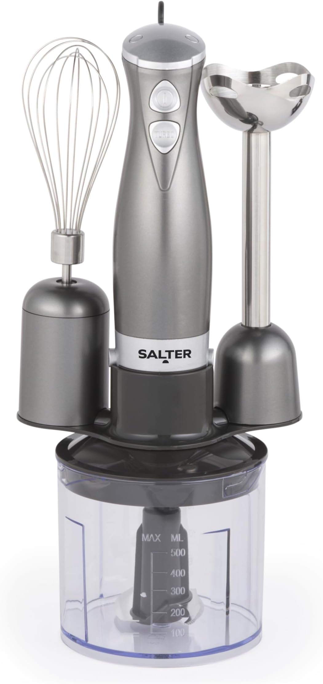 Salter Cosmos 3-in-1 Hand Blender – Whisk, Blender & Chop, Food Processor, Vegetable Chopper, Stainless Steel Blades, 500ml Chopping Bowl, Whisk & Blender Attachments, 2 Speeds, 350W, EK2827GUNMETAL