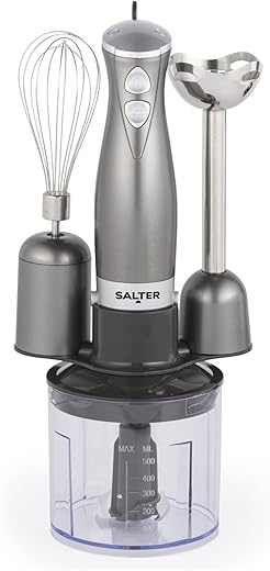 Salter Cosmos 3-in-1 Hand Blender – Whisk, Blender & Chop, Food Processor, Vegetable Chopper, Stainless Steel Blades, 500ml Chopping Bowl, Whisk & Blender Attachments, 2 Speeds, 350W, EK2827GUNMETAL