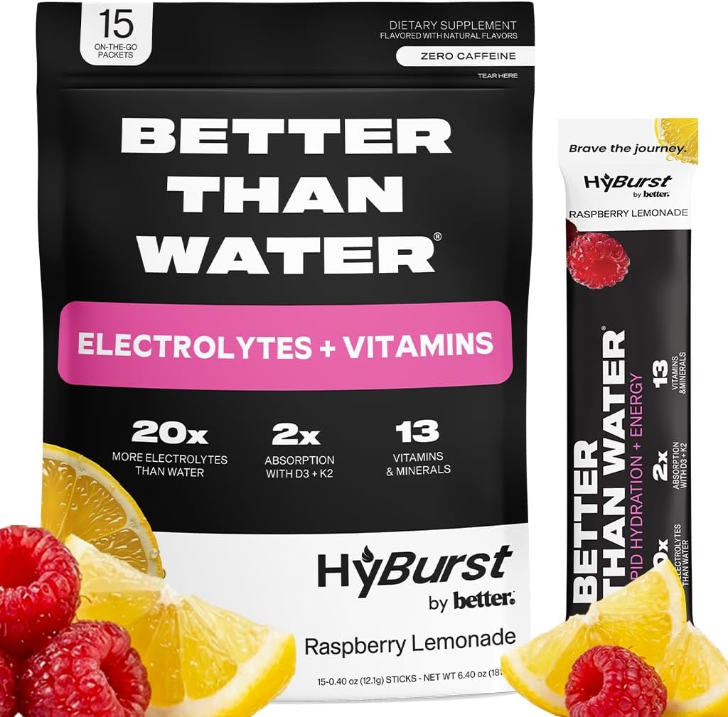 Better Than Electrolyte & Vitamin Supplement Powder, Drink Mix with B12, L-Theanine, D3, K2, Zinc, Magnesium, Potassium, Supports Calm Focus & Energy, Raspberry Lemonade, 15 Pack