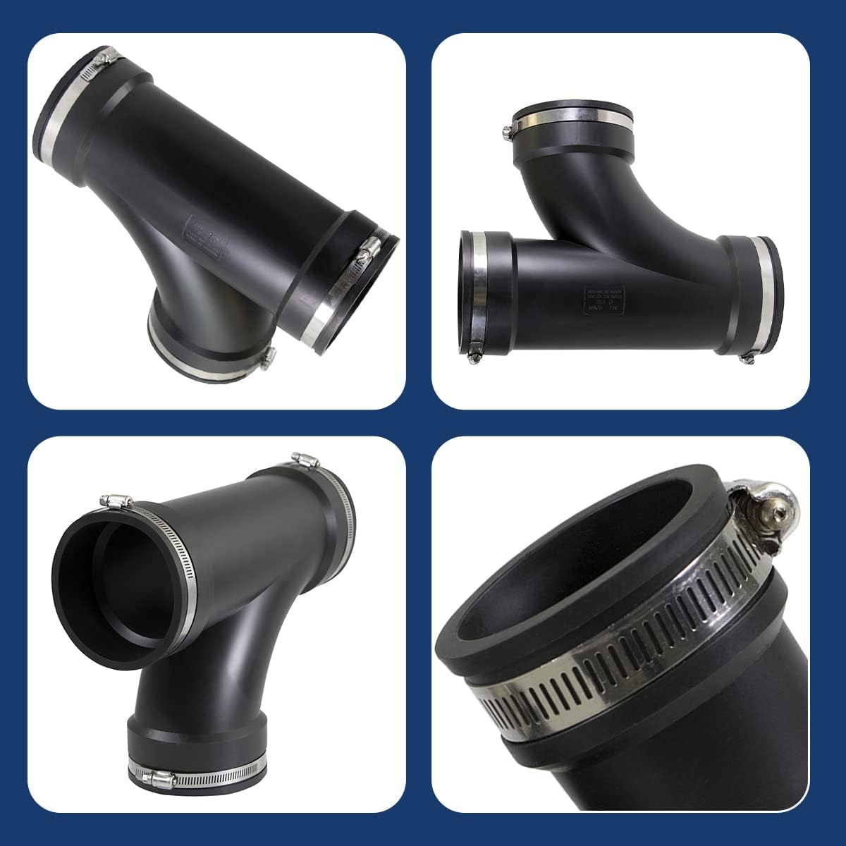 Supply Giant 6I7J Flexible Tee Coupling with Stainless Steel Clamps, 4.5" Inner Diameter for 4" Nominal Pipe, Black