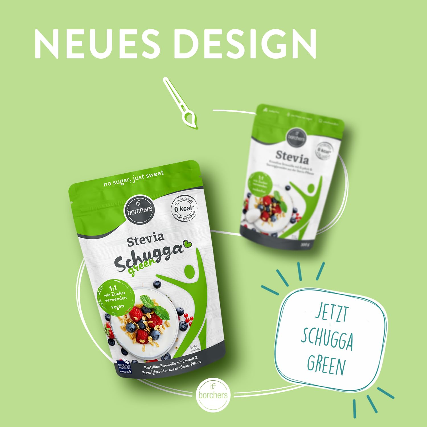 BORCHERS Schugga green, Kristalline Streusüße 8x 300g, Stevia-Erythrit Mischung, 1:1 wie Zucker, kalorienfrei & zuckerfrei, Zuckerersatz, Süßungsmittel, Zuckeralternative
