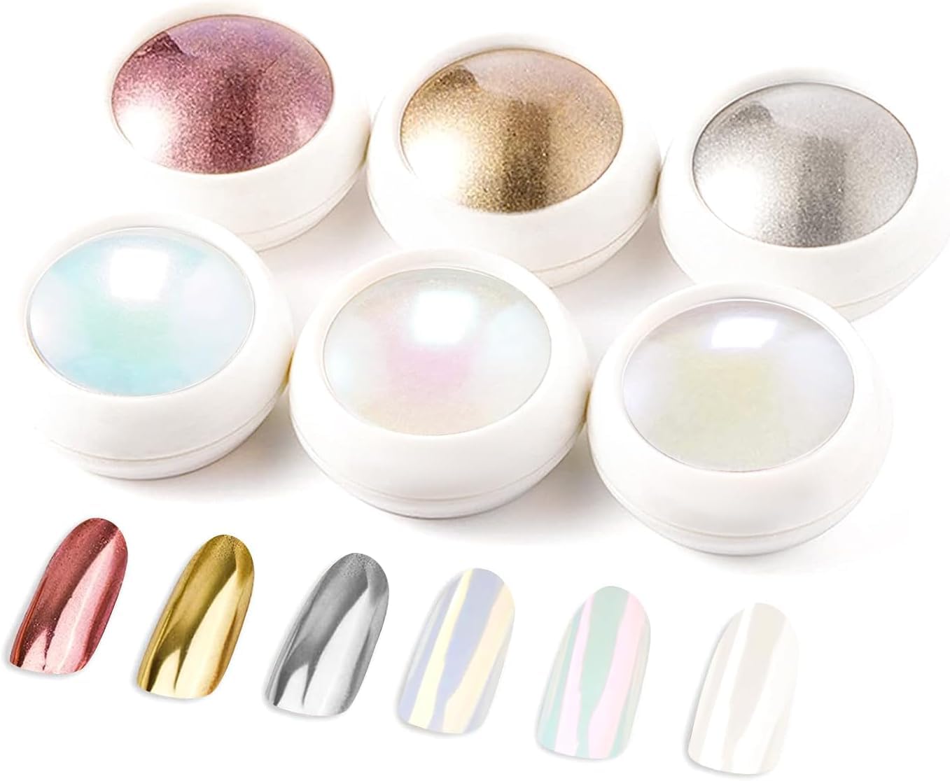 6Pcs Chrome Nail Powder:【Metallic Mirror Glitter Effect】Rose Gold Chrome Nail Powder for Gel Polish Aurora Iridescent Pearlescent Nail Chrome Powders for Nails Salon DIY Nail Art