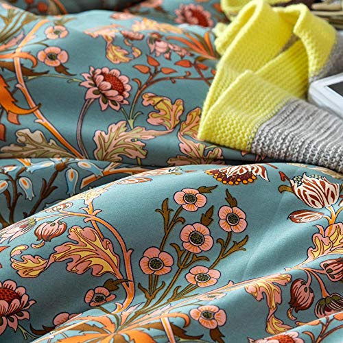VM VOUGEMARKET Green Flower Duvet Cover Set Twin,Aesthetic Boho Bedding Set Percale Cotton Royal Floral Comforter Cover with Zipper Closure
