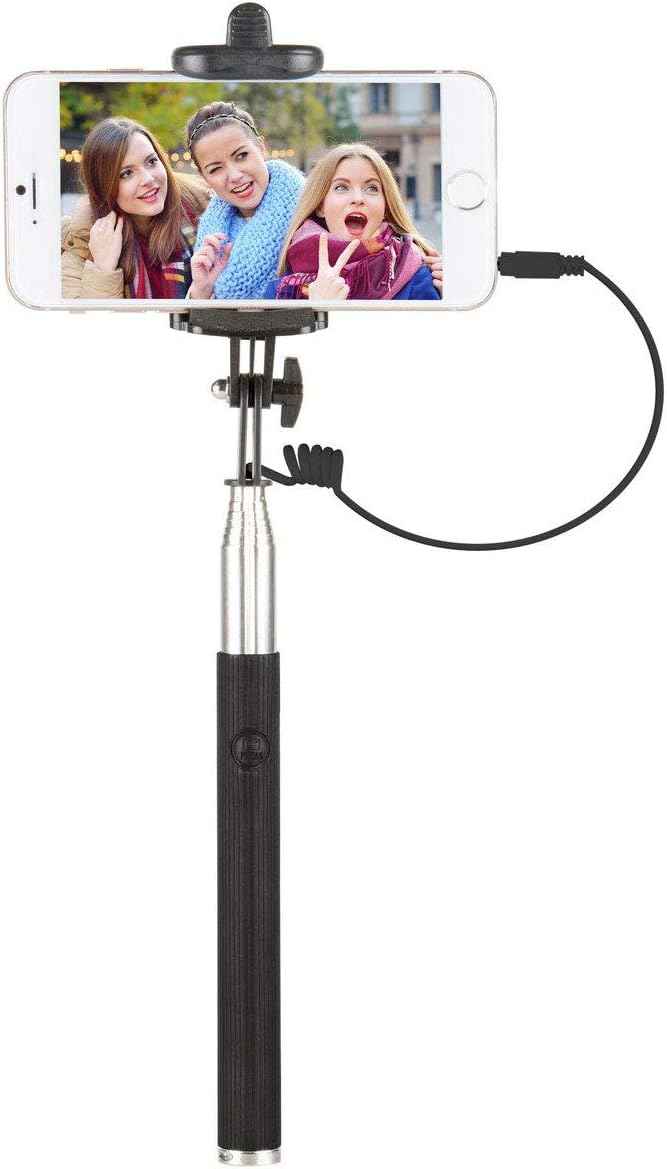 Vivitar 42 inch Selfie Stick with a smartphone attached, showing the audio cable connected.