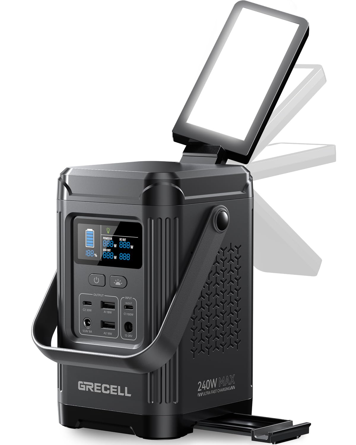 240W Portable Power Station 153.6WH Solar Generator, GRECELL LiFePO4 Battery Dual Way 100W PD, Portable Power Bank with Integrated Stand for Outdoors, Camping, Travel (No Wall Charger Included)