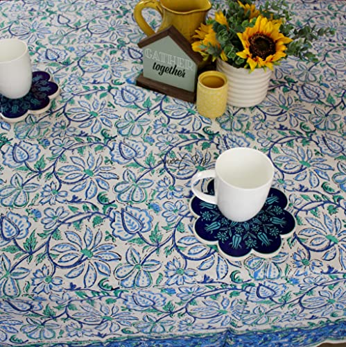 Sweet Us Venetia Block Print Tablecloth for Square Tables 70x70 and One Gray Napkin, Floral Cotton Kitchen, Dining Linen, Blue Green White by Sweet Us - Used condition - Image 3