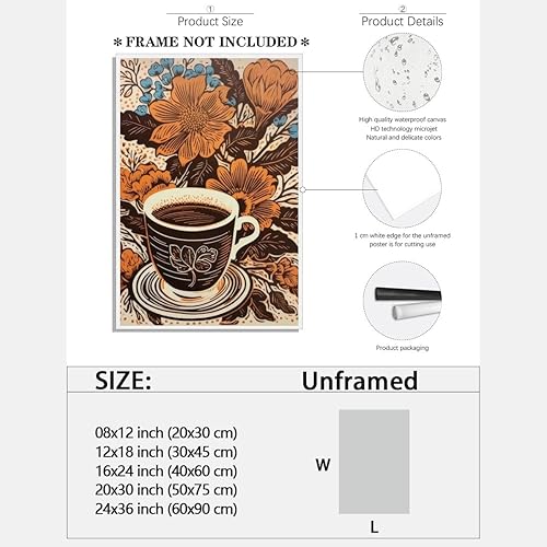 Miniatura 2 de WLZWD Arte retro de los años 70, decoración de pared estética de café y flores, póster ecléctico para pared, tonos marrones cálidos y naranjas, para