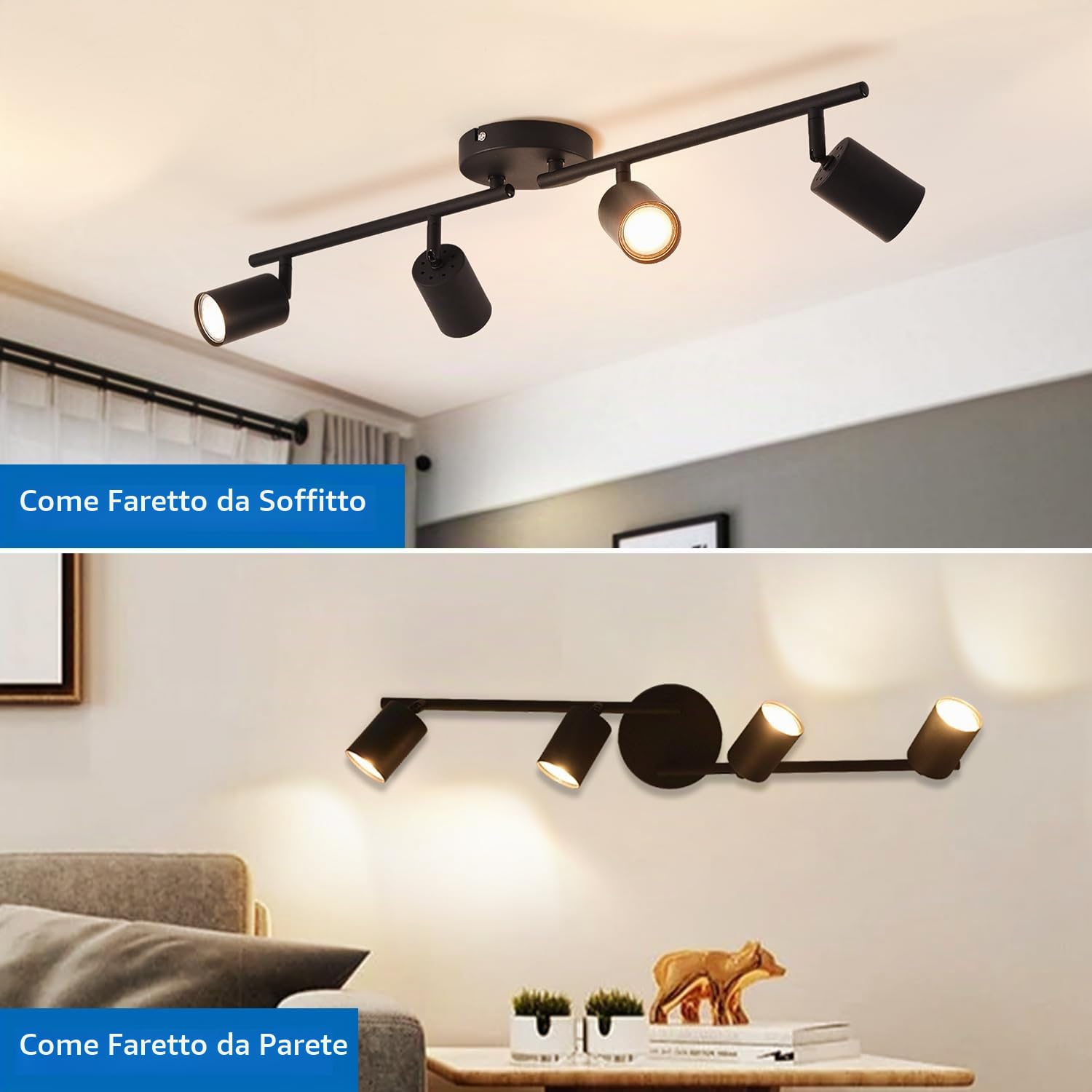 ANWIO Faretti da Soffitto Regolabili Base Rettangolare,Faretti da Parete,Plafoniera Vintage con 4 Faretti LED GU10,Lampadario,Lampada da Soffitto per Negozio,Cucina,Camera da Letto,Lampadine Escluse