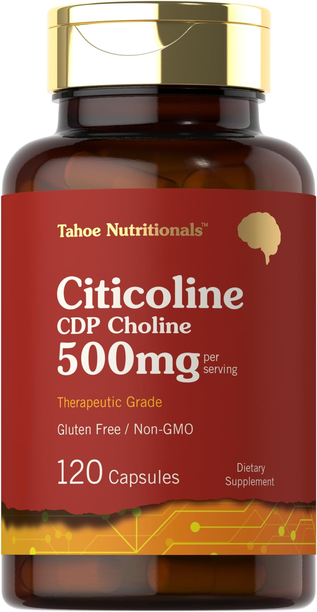 Tahoe Nutritionals Citicoline Supplement | 500mg | 120 Capsules | CDP Choline | Therapeutic Grade |Non-GMO and Gluten Free