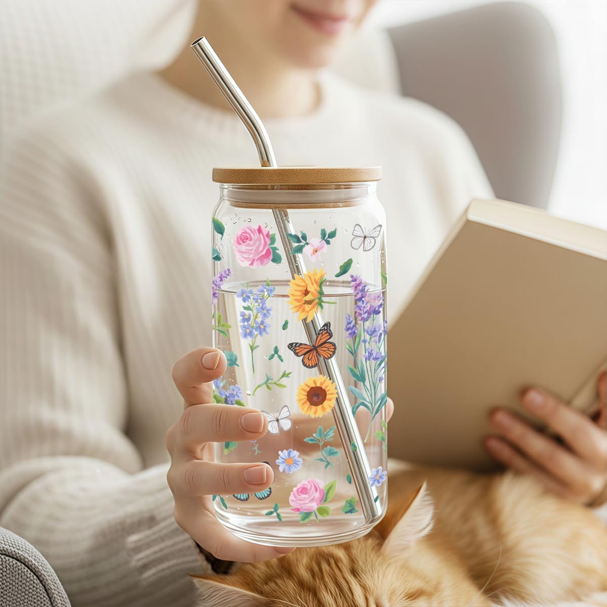 Cute Wildflower Cups With Lid and Straw,16 Oz Glass Cup for Hot Cold Drink image 5