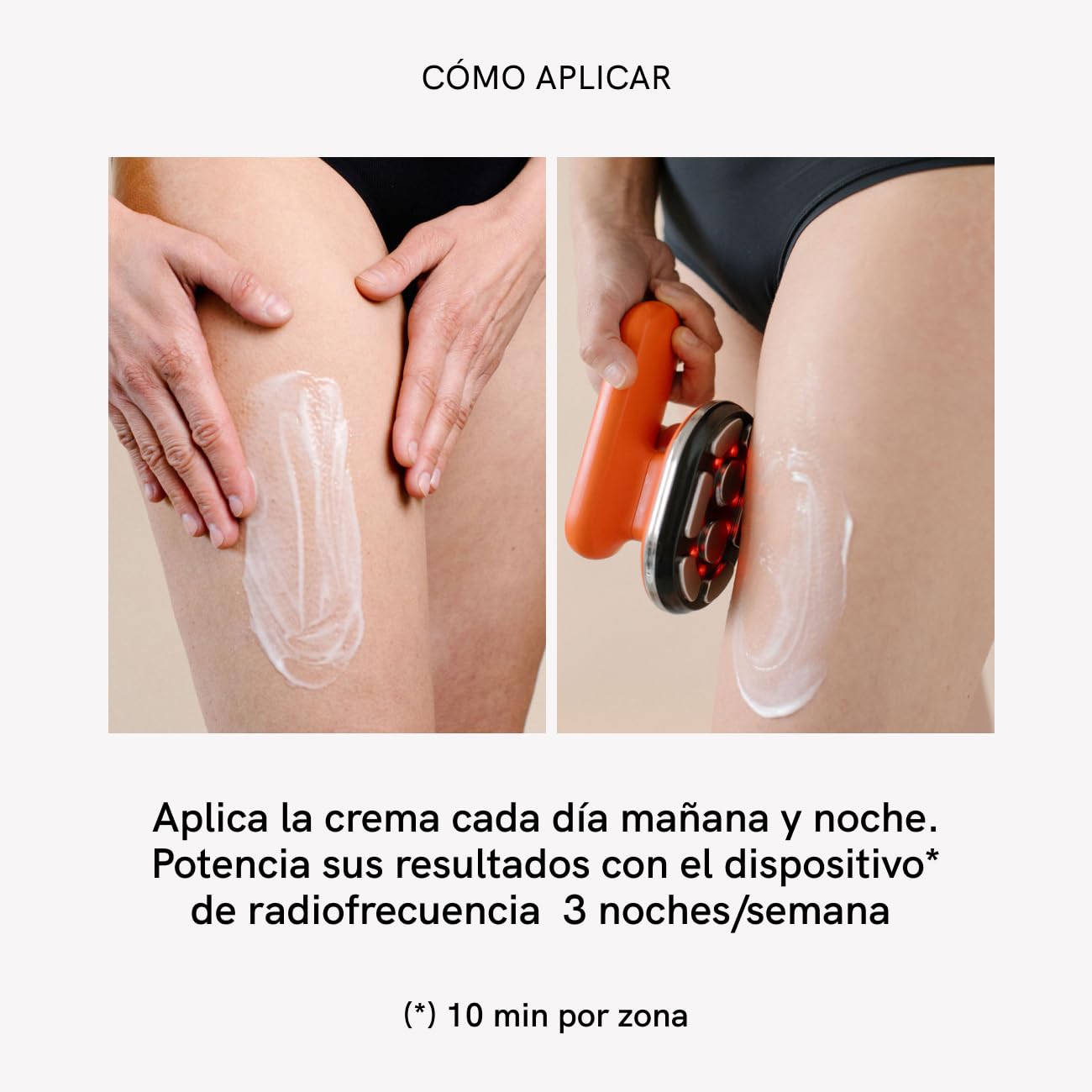 Two images showing application of MASDERM RF Body Firming Cream: one by hand massage and one with a radiofrequency device.