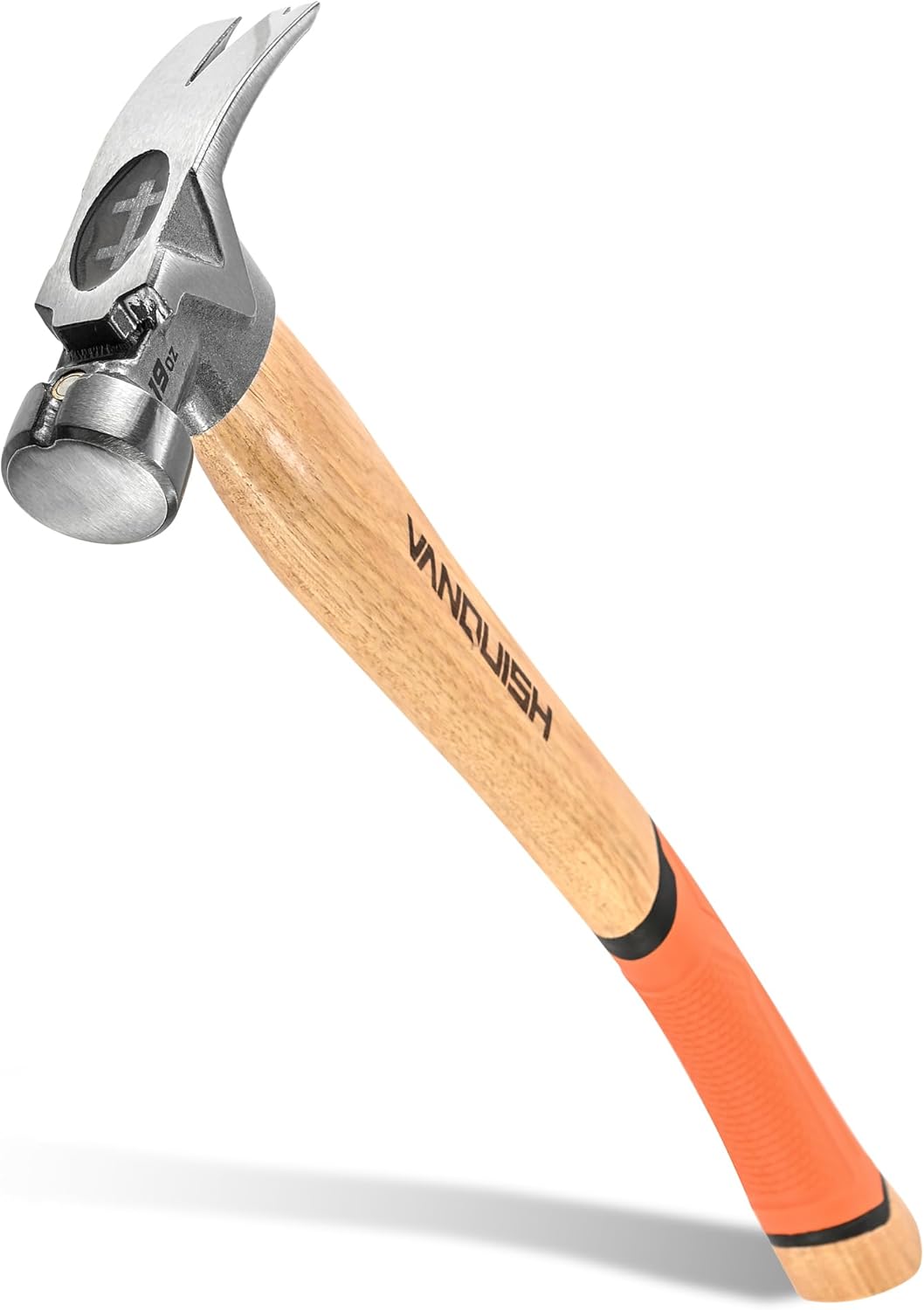 VANQUISH Framing Hammer 19oz Curved Hickory Handle Straight Rip Claw with Smooth Face & Shock Reduction Grip, Claw Hammer with Magnetic Nail Holder, 0624