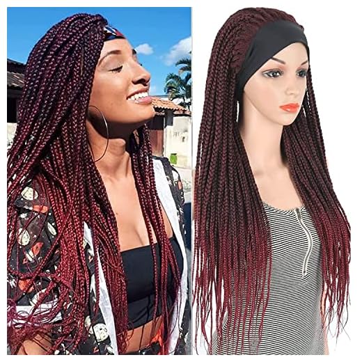 Aisaide Jumbo Braided Headband Wigs for Black Women Thick Braid Jumbo Wig Box Braided Wigs Big Braids Ombre Burgundy Twist Crochet Hair Wrap Wig with Headband Attached Jumbo Braid Cornrow Wig Box Braid Wig Ombre Red Headband Wig Three Twist Synthetic Headband Wig 30 Inch Thick Braids