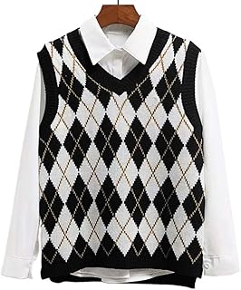Lailezou Women's V Neck Knit Sweater Vest Argyle Plaid Preppy Style Sleeveless Crop Knitwear Tank