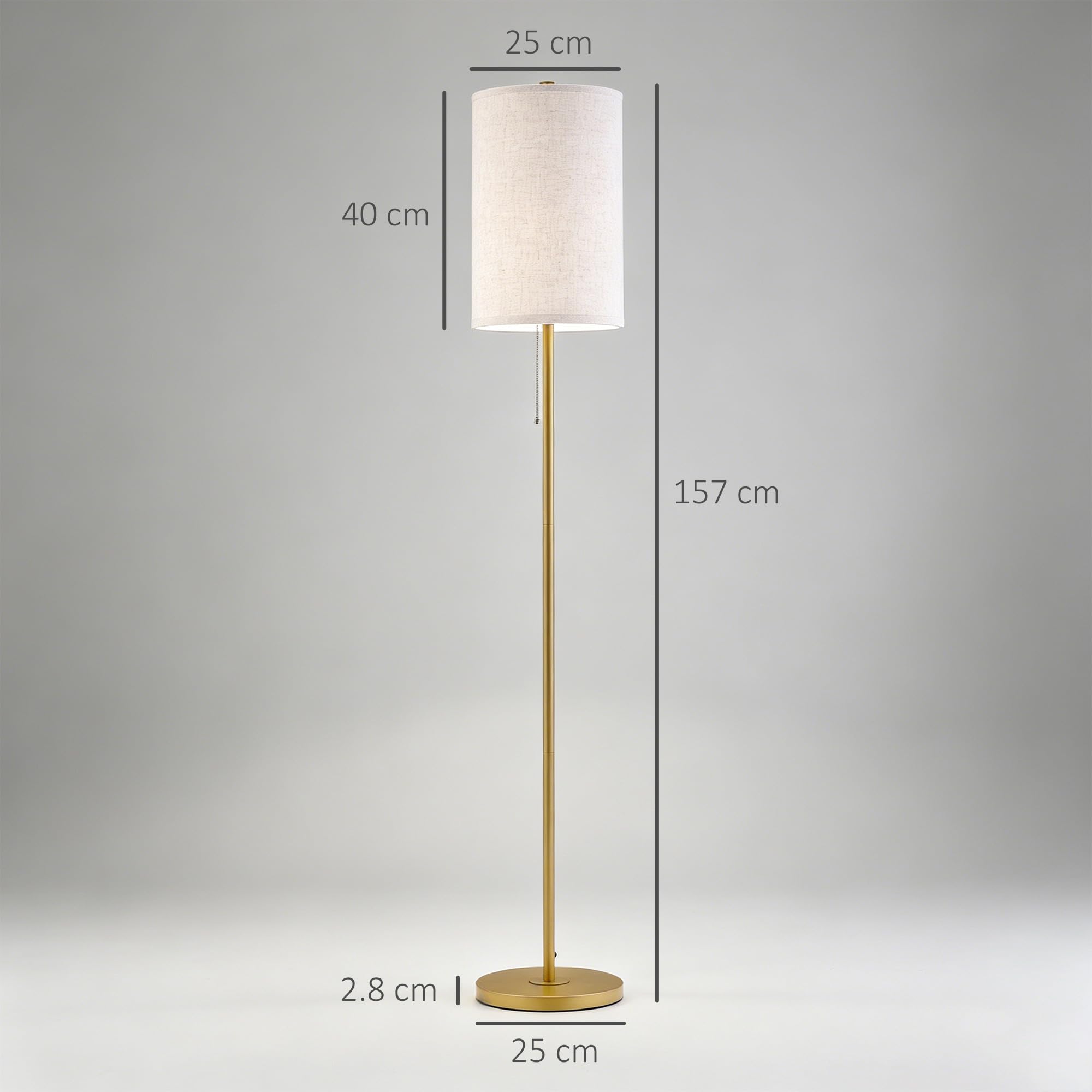 HOMCOM Lampada da Terra con Interruttore a Catena Attacco E27 Oro e Crema | Lampada da Pavimento, Paralume in Lino, Base in Acciaio, per Soggiorno e Camera