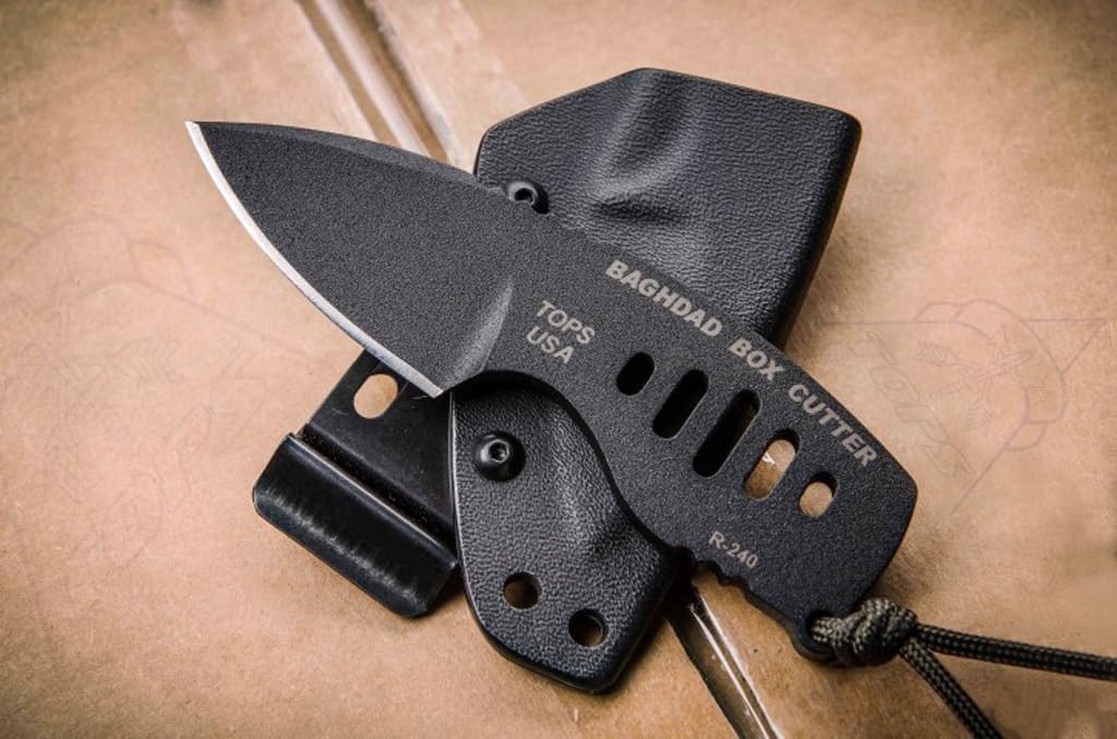 TOPS Knives Baghdad Box Cutter Full Tang Fixed Blade-Black Traction Coating Blade Finish- Black Kydex Sheath w/Multi-Position Spring Steel (Skeletonized Handle)