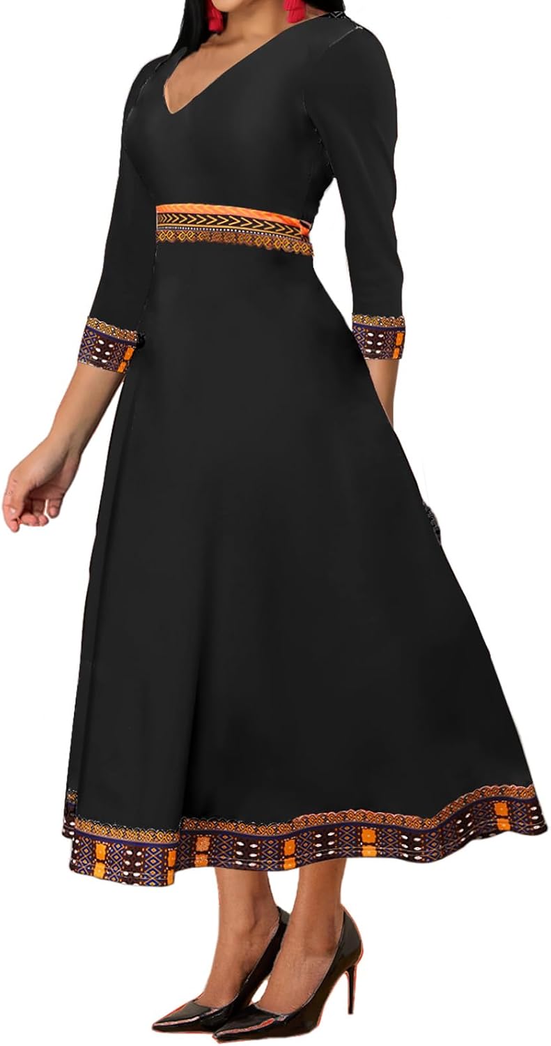 African Dresses for Women Elegant V Neck 3/4 Sleeve Casual Long Maxi African Attire Dress - Image 2