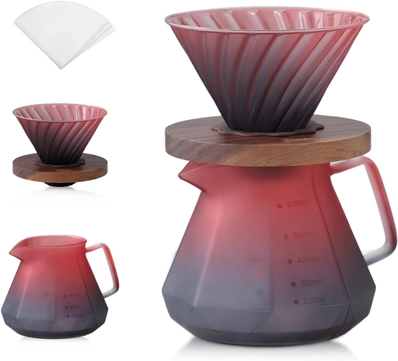 KASTWAVE Pour Over Coffee Maker Set, Borosilicate Glass Dripper with Elegant Walnut Handle & Glass Lid, Includes 50 V60 Paper Filters for Brewing