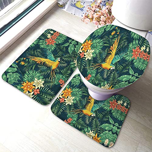 Badezimmerteppich-Set, 3-teilig, grüne Pflanzenblätter und der Fliegende gelb-Blaue Papagei, waschbare Badeteppiche, rutschfest, mit Rückenpolster, Konturteppich und Toilettendeckelbezug