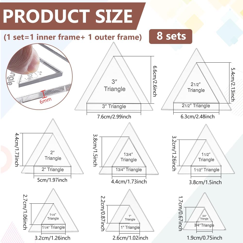 BENECREAT 16 Pcs Triangle Quilting Template, Acrylic Quilting Templates Rulers Transparent Sewing Guides for DIY Hand Patchwork Cutting Craft, 6mm Thick