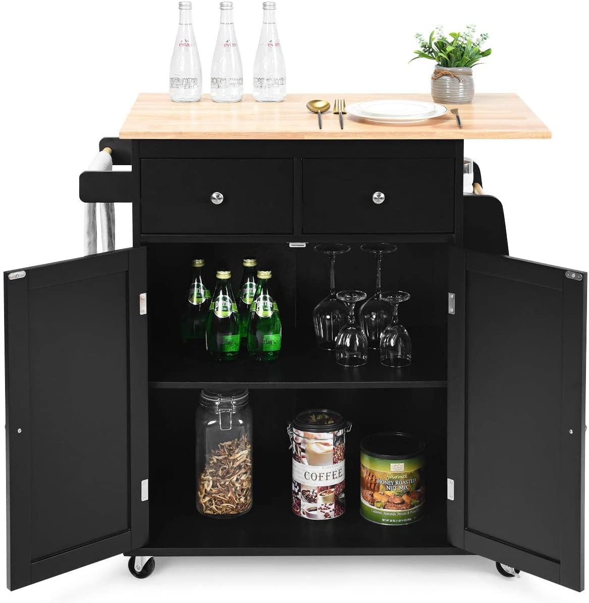 AUGESTER Kitchen Utility Cart, Multifunctional Wooden Trolley with Rollers, Kitchen Storage Trolley with Cabinet, Towel Rack, 2 Drawers, Side Spice Rack and Wine Bottle Rack (Black)