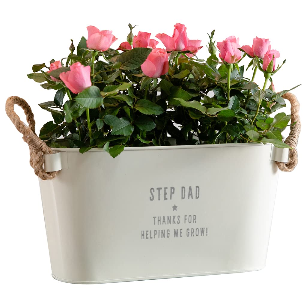 Dust and Things Engraved Flower Planter 'Thanks For Helping Me Grow' - Unique Indoor Outdoor Metal Plant Pot - Fathers Day or Birthday Gift for Step Dad - Small