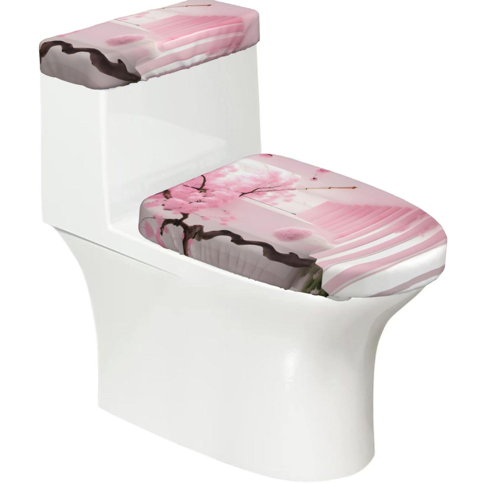 Cntdbu Black Pink Cherry Blossom Staircase Stretchy Toilet Lid And Tank Cover Set-Soft Elastic Bathroom Decor For U Shape Oval