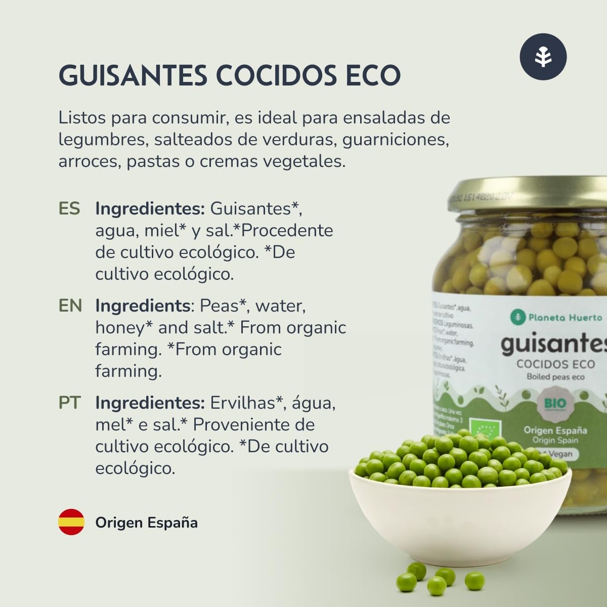 PLANETA HUERTO | Guisantes ECO 320 g - Legumbre Ecológica Rica en Nutrientes y Versátil en la Cocina