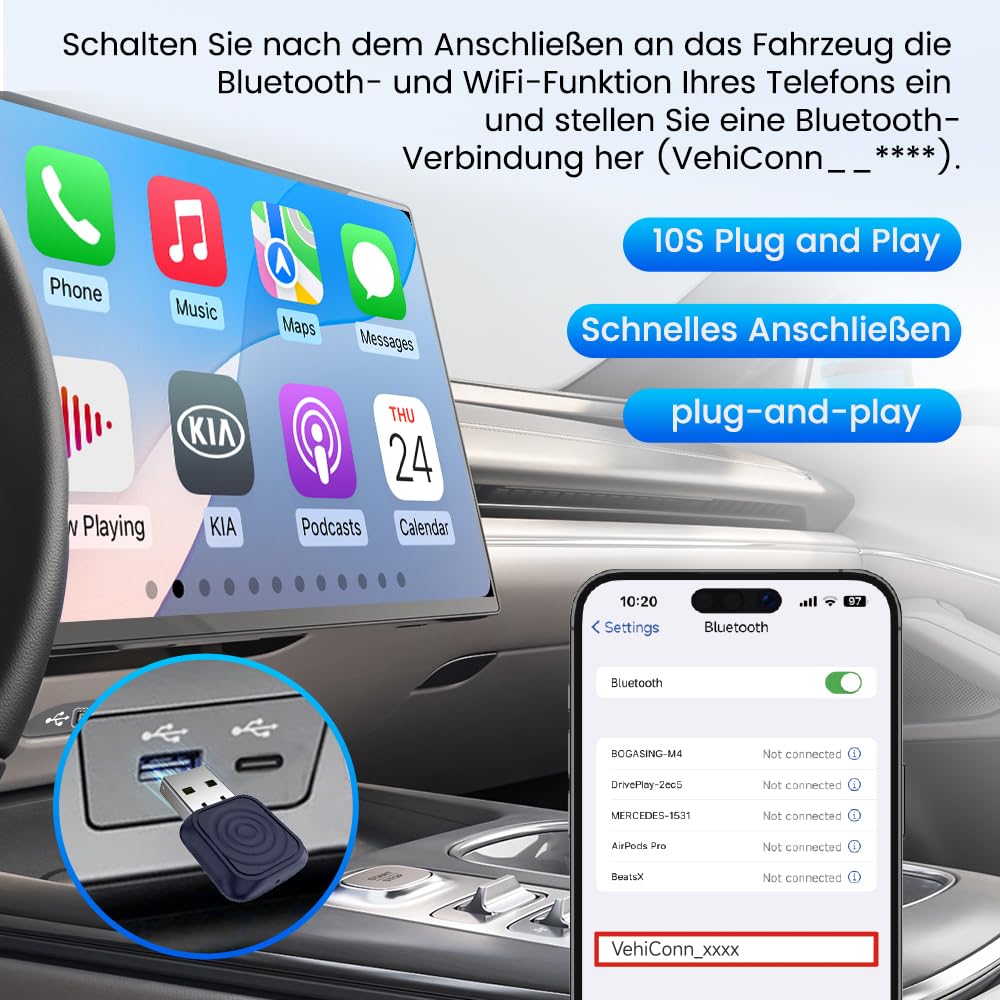 Carlinkit Mini Ultra Adapter für iPhone und AndroidWireless Konvertiert kabelgebundenes zu Wireless CarPlay und Android Auto, Plug-and-Play Setup, kompatibel mit Autos ab