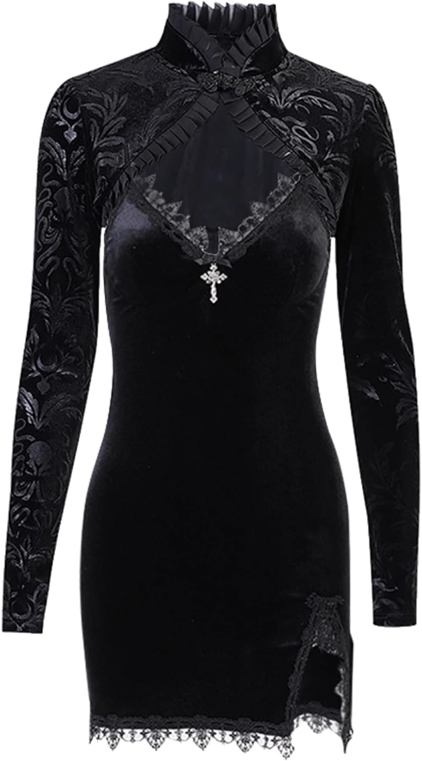 TSMNZMU Womens Gothic 2 Piece Dress - Vintage Velvet Emo Lolita Punk Grunge Alt Harajuku Dress