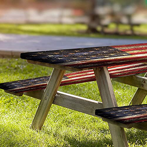 American Flag Picnic Table Fitted Tablecloth Cover, Symbolism Over Old Rusty Tones Weathered Vintage Social Plank Artwork Table Cloth, 28X72 Inch， 3 Piece Rectangle Table Cover For Outdoor, Camping #TOP4