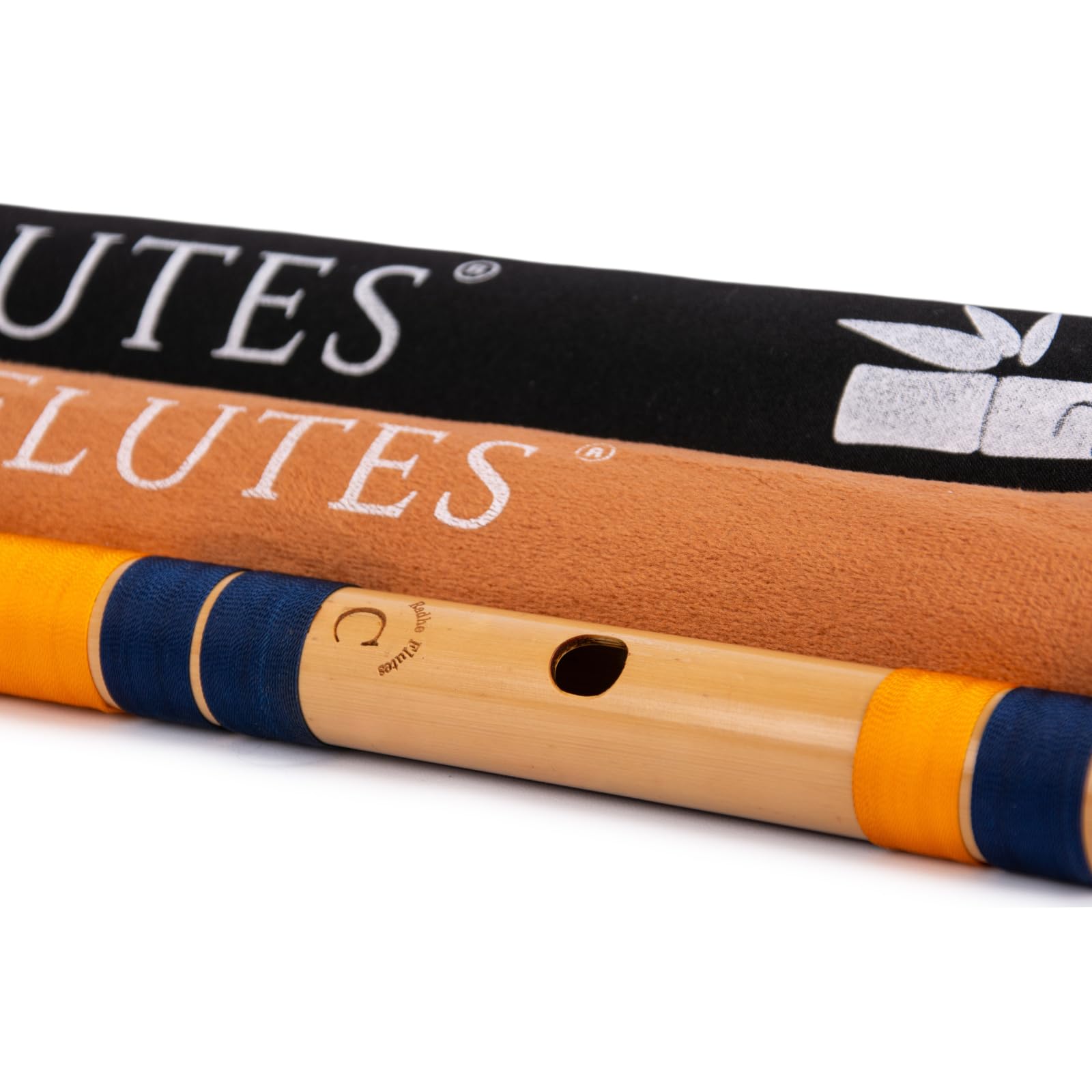 Radhe Flutes Professionelles Bambus-Bansuri, C Natur, Rechtshänder, mittlere Oktave, mit festem Einband, Samtbezug und Papierröhre, Dunkelblau und Orange