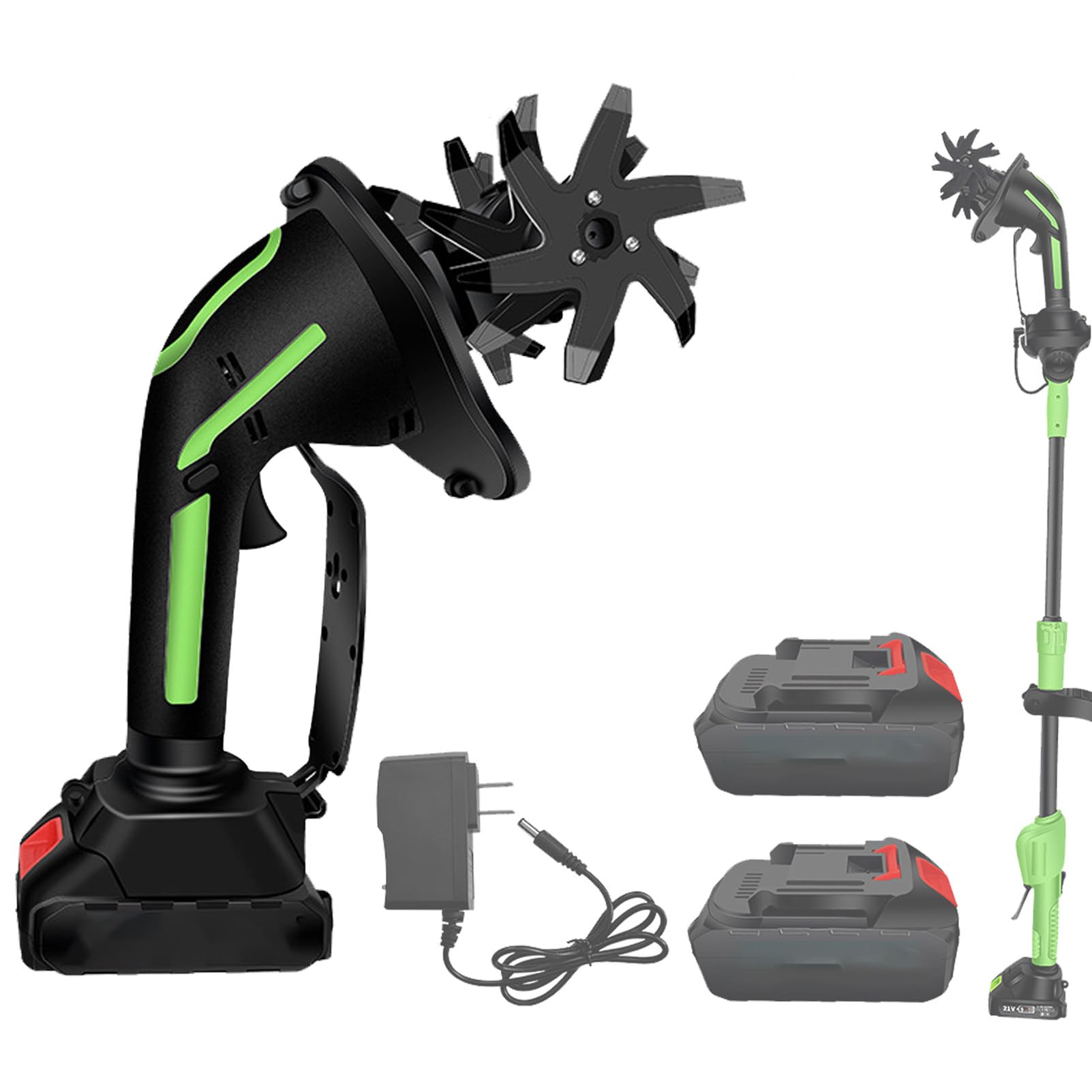 Pnpaea 21v Cordless Tiller For Gardening,Electric Garden Tiller,Powered Mini Cultivator With 1.5ah Batteries,for Lawn/soil Cultivation 2 Battery,for Vegetable Garden, Greenhouse Green-withPole