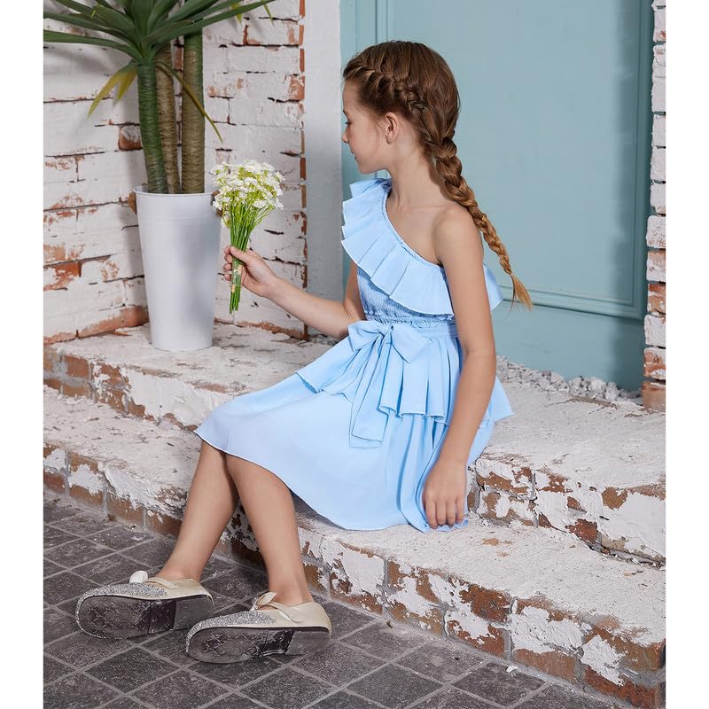 CHILDRENSTAR Girls Party Dresses One Shoulder Blue Ruffles A Line Chiffon Dresses for Kids,Size 8 94
