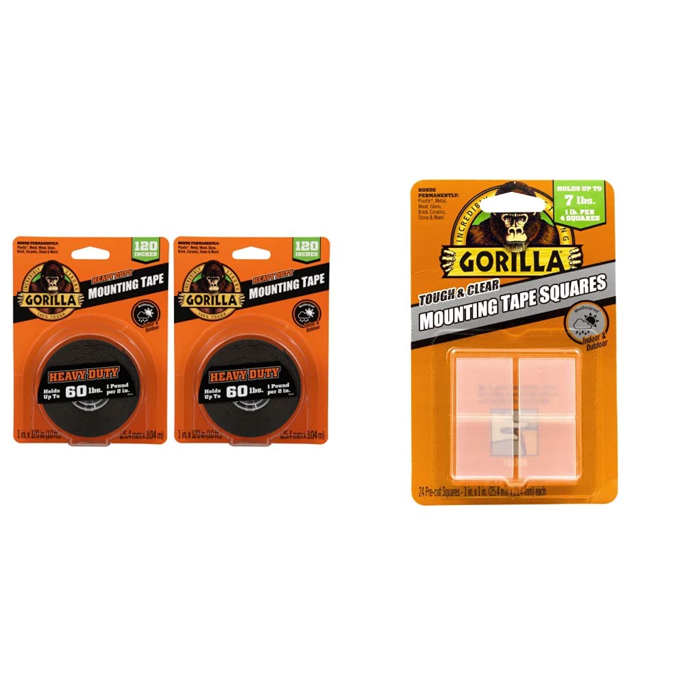 Gorilla Heavy Duty, Extra Long Double Sided Mounting Tape, 1" x 120", Black, (Pack of 2) & Tough & Clear Double Sided Tape Squares, 24 1" Pre-Cut Mounting Squares, Clear, (Pack of 1)