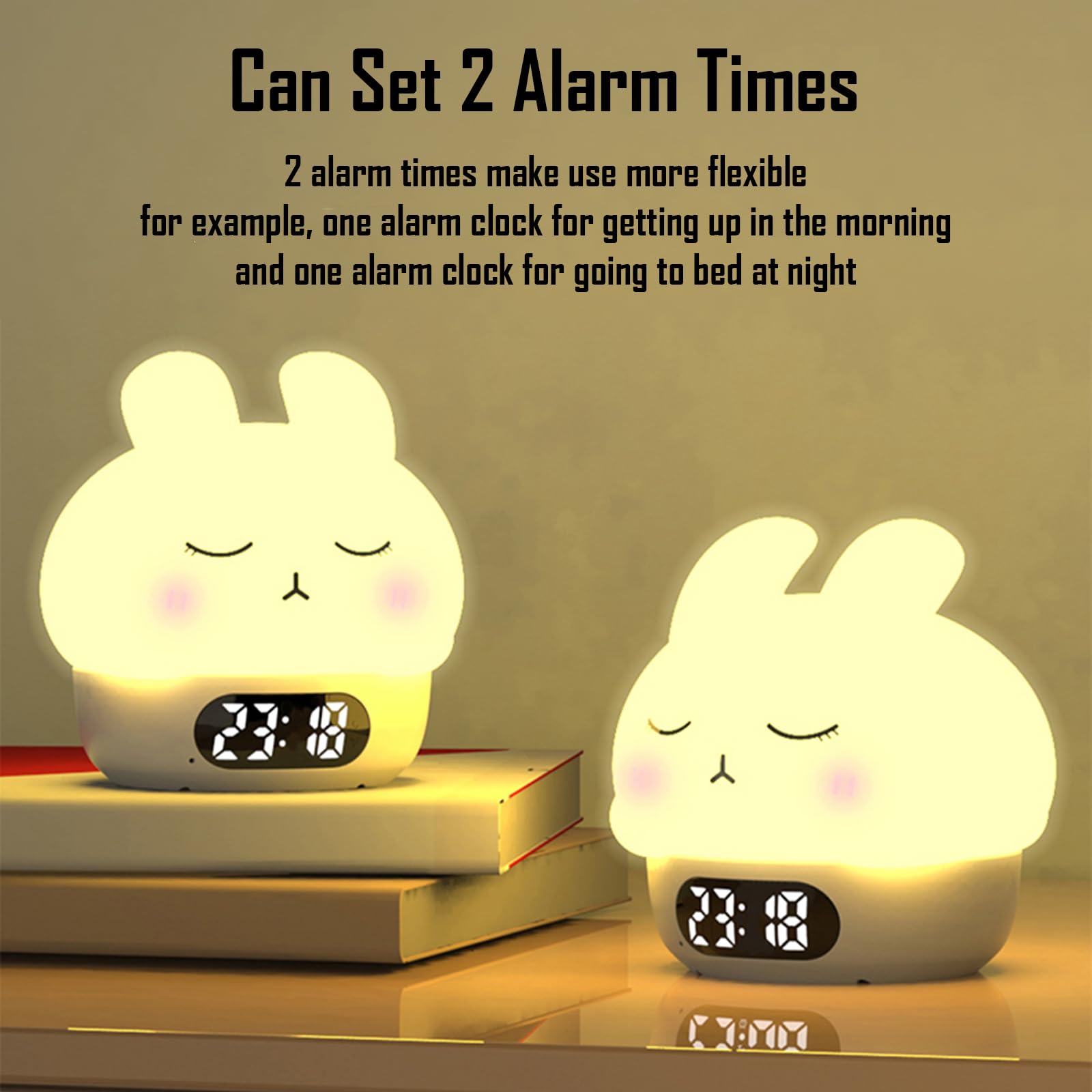 Cute Bunny - Luz nocturna recargable RGB, pantalla de silicona suave, reloj LED de brillo ajustable, fecha, alarma, termómetro, temporizador, control de grifo, lámpara de dormitorio, regalo para niñas
