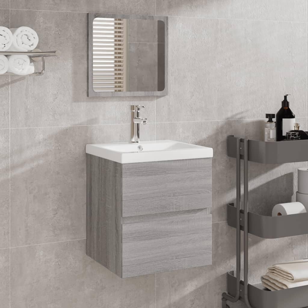 SYDE Armario de Lavabo con lavamanos y Espejo Gris Sonoma | Madera contrachapada resistente a humedad, cajón amplio, montaje en pared, rebosadero integrado