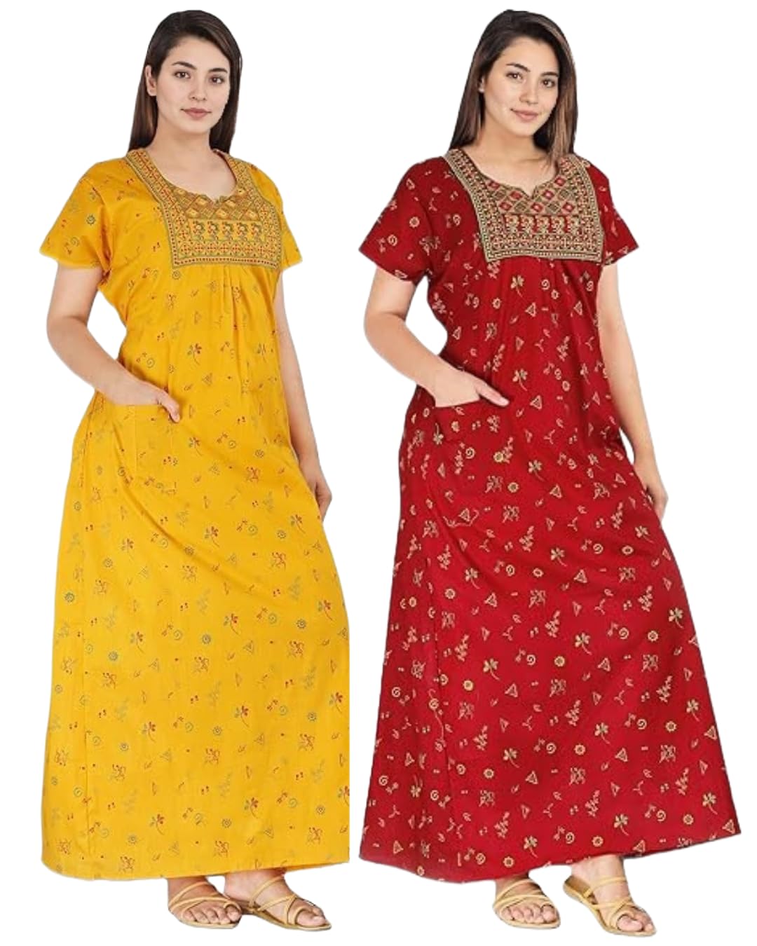 bresdk Women’s Cotton Embroidered Jaipuri Nighty Gown – Pack of 2 Rajasthani Print Maxi Night Dress with Pocket – Soft & Comfortable Ladies Sleepwear & Loungewear-picture-14