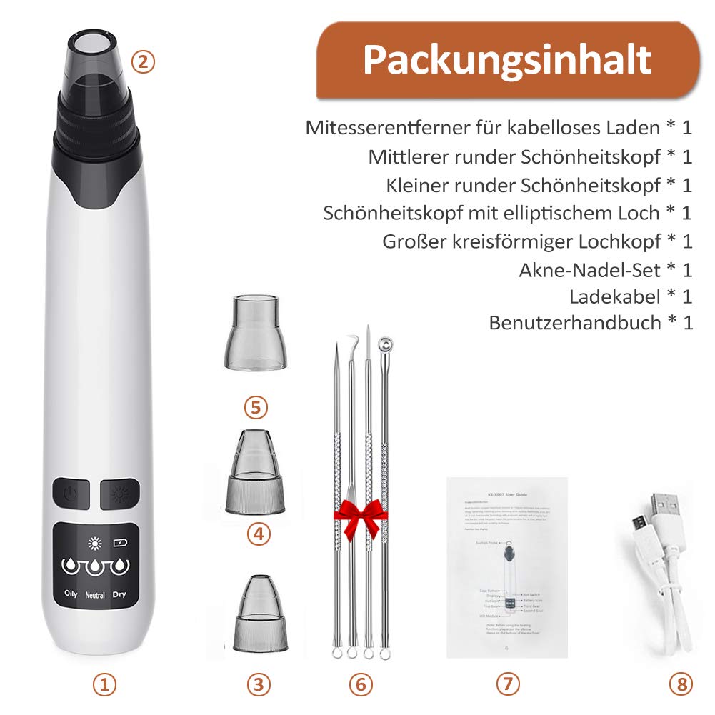 Pulitore dei pori per la rimozione dei punti neri, aspiratore per i pori, con ricarica USB e 4 sonde intercambiabili, con schermo LED