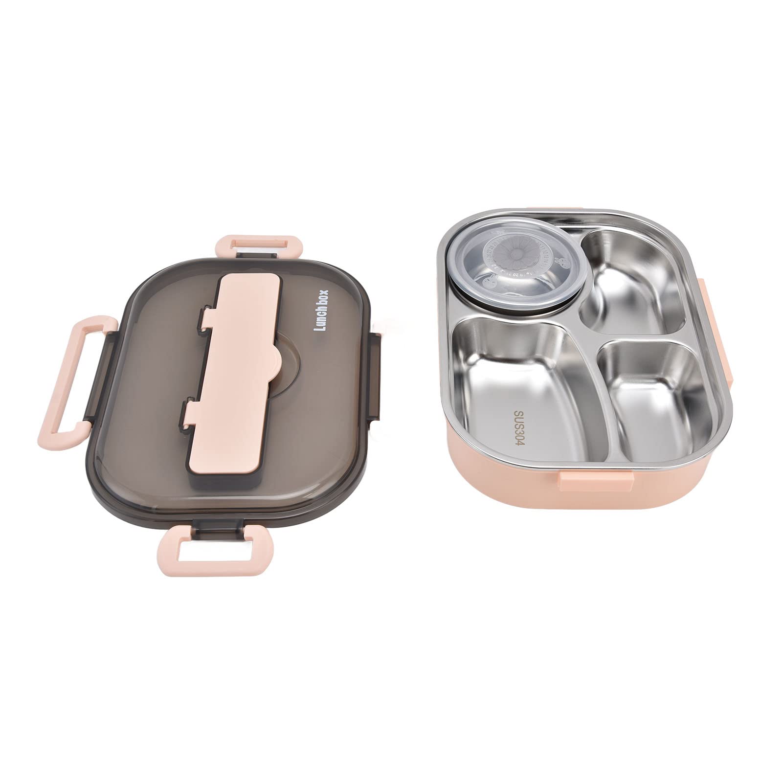Bento Box Lunch Box 1.3L Bento Box a Quattro Scomparti con Ciotola per zuppa Bacchette Cucchiaio Portatile per Bambini in Acciaio Inossidabile 304(Rosa)